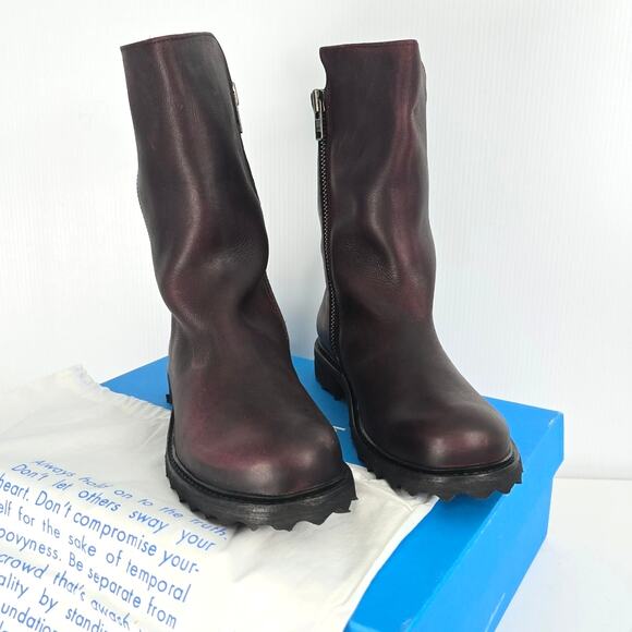 John Fluevog Bing Mid Calf Boots Dark Rust Burgundy Leather Size 10 w/ Box - Picture 1 of 14